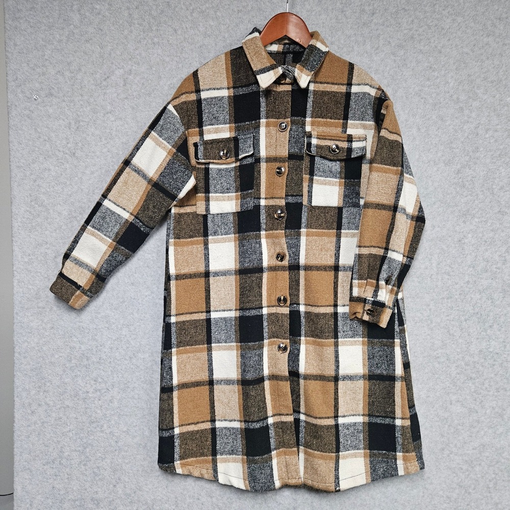 SHEIN Shacket Women S Brown Plaid Longline Button Front Chest Pocket Coat Jacket